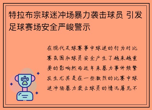 特拉布宗球迷冲场暴力袭击球员 引发足球赛场安全严峻警示